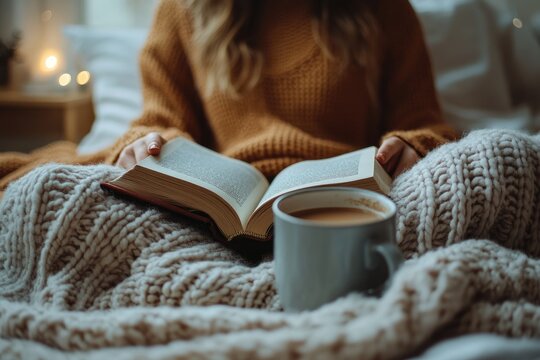 Woman enjoying cozy moment reading book and drinking coffee - Powered by Adobe