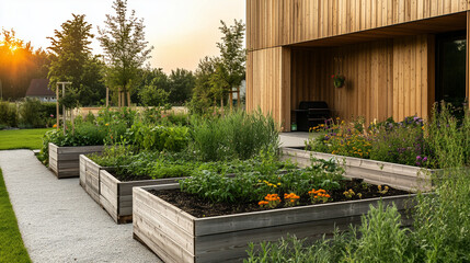 Obraz premium Nowoczesny ogród w stylu wiejskim, w których rosną różnorodne rośliny, takie jak zioła, przyprawy, warzywa i kwiaty.