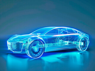 Car visualization with augmented reality Transparent car in studio drawing in blue colors, blueprint glowing neon hologram futuristic show technology security for premium product business finance
