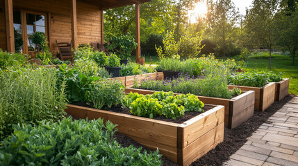 Obraz premium Nowoczesny ogród w stylu wiejskim, w których rosną różnorodne rośliny, takie jak zioła, przyprawy, warzywa i kwiaty.