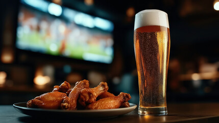 Glass of beer with frothy head and plate of chicken wings at a bar, with a blurred television screen displaying a sports game in the background.