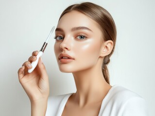 Fototapeta premium A beautiful woman is applying beauty equipment on her face.