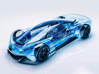Car visualization with augmented reality Transparent car in studio drawing in blue colors, blueprint glowing neon hologram futuristic show technology security for premium product business finance