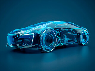 Fototapeta premium Car visualization with augmented reality Transparent car in studio drawing in blue colors, blueprint glowing neon hologram futuristic show technology security for premium product business finance