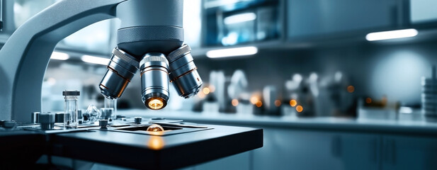 Close-up of a microscope in a modern laboratory setting. The focus is on the objective lenses and the illuminated stage containing a specimen slide.