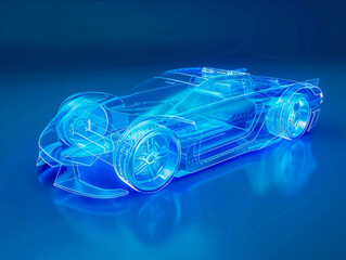 Fototapeta premium Car visualization with augmented reality Transparent car in studio drawing in blue colors, blueprint glowing neon hologram futuristic show technology security for premium product business finance