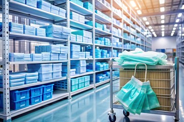 Medical inventory management scene with crates of surgical gloves, masks, and syringes on shelves, with a blurred hospital background, showcasing the complexity of medical logistics