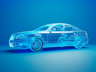 Fototapeta premium Car visualization with augmented reality Transparent car in studio drawing in blue colors, blueprint glowing neon hologram futuristic show technology security for premium product business finance
