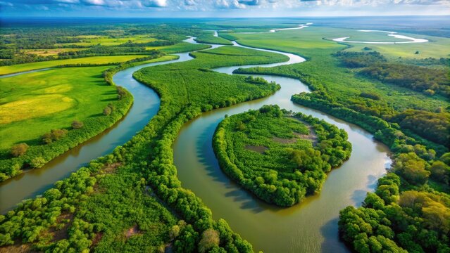 Aerial View Of The Gambia River, Highlighting Its Meandering Path Through A Lush Green Landscape, Revealing Its Intricate Network Of Tributaries And Bends.