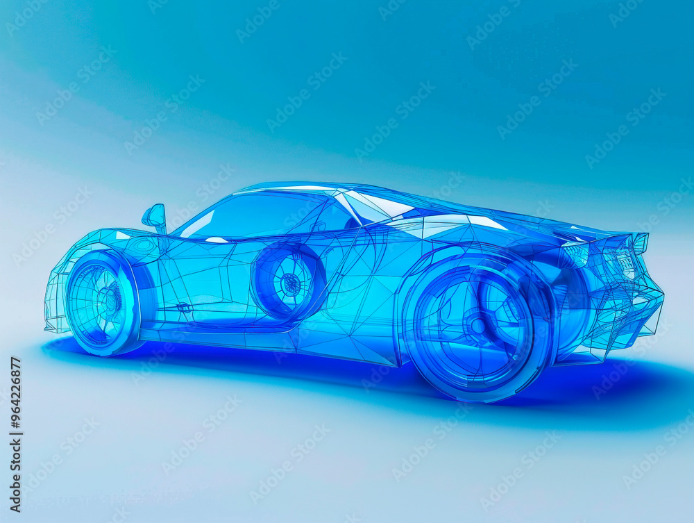 Wall mural Car visualization with augmented reality Transparent car in studio drawing in blue colors, blueprint glowing neon hologram futuristic show technology security for premium product business finance