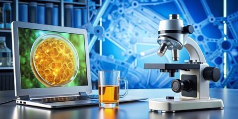 A medical illustration of a urine sample being examined under a microscope with a correct diagnosis shown on a computer screen in the background to highlight the accuracy of the urinalysis test