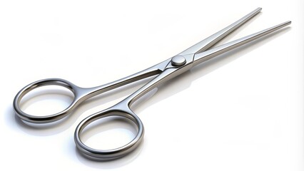 A precise illustration of a surgical hemostat on a clean and minimalist white background, showcasing its curved jaws and ergonomic handle in a sharp and crisp perspective