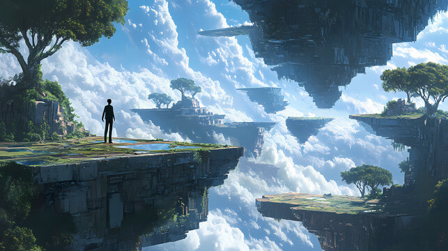 A parallel universe where gravity behaves differently allowing for floating landscapes. Parallel Universe. Illustration