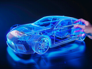 Car visualization with augmented reality Transparent car in studio drawing in blue colors, blueprint glowing neon hologram futuristic show technology security for premium product business finance