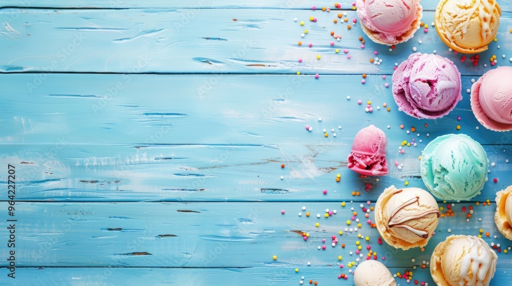 Poster a blue background with a variety of colorful ice cream scoops on it. the ice cream scoops are arrang