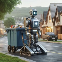 Futuristic robot collecting trash in a suburban neighborhood, showcasing advancements in technology and automation. The robot is seen pushing a garbage bin down a quiet residential street lined with