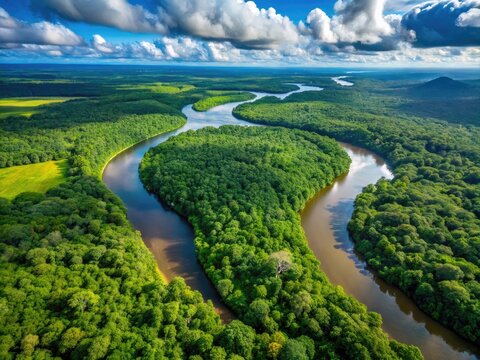 Aerial View Of The Winding Orinoco River Flowing Through A Lush Green Rainforest In Venezuela