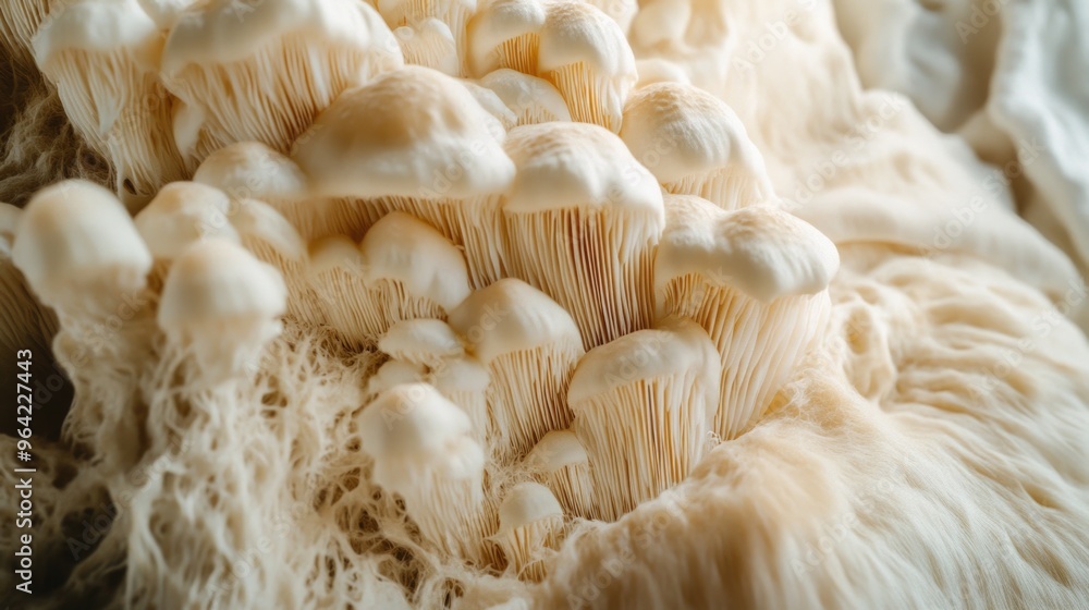 Poster a large cluster of mushrooms with a white and tan color. the mushrooms are arranged in a way that th