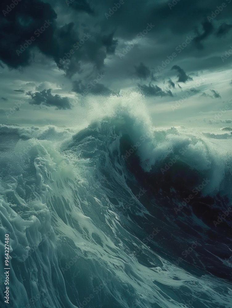 Poster a large wave is crashing into the ocean, creating a powerful and dramatic scene. the dark clouds in 