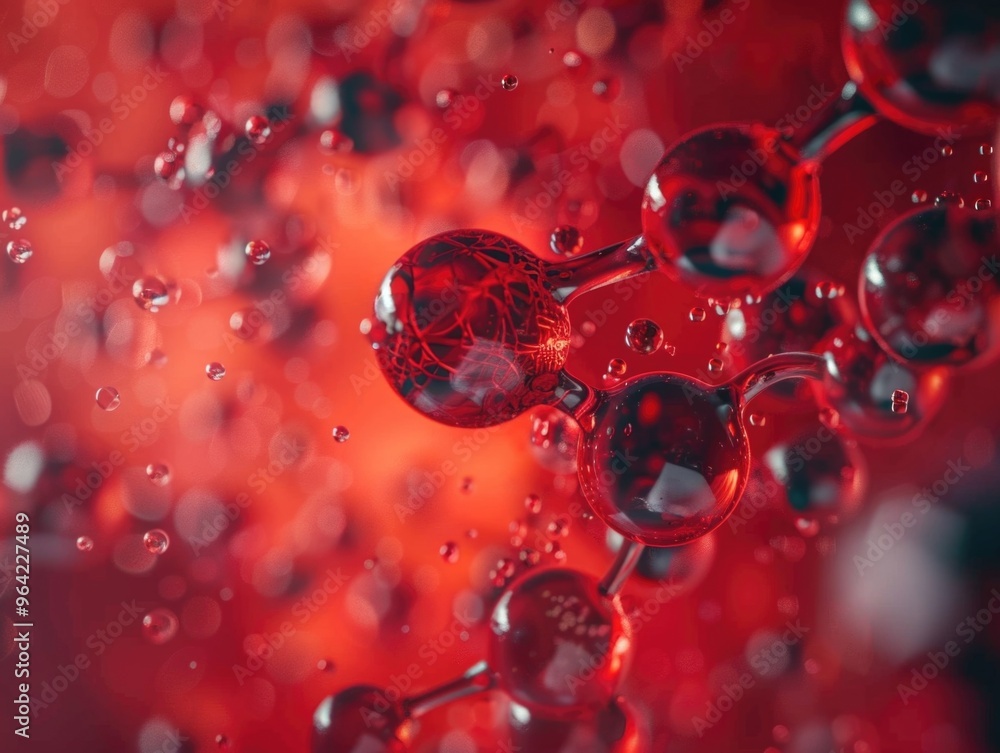 Poster a close up of red spheres with a blurry background. the spheres are all different sizes and are scat