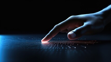 Close-up of finger touching digital interface with network lines