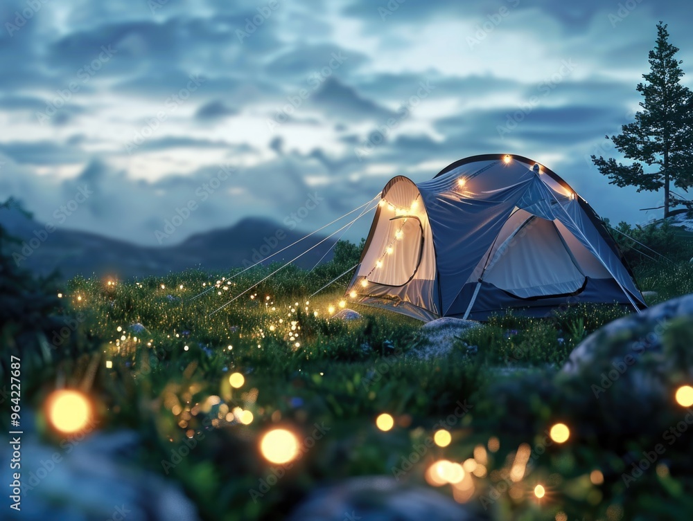 Poster a tent is lit up with lights and is set up in a field. scene is peaceful and serene, as the tent is 