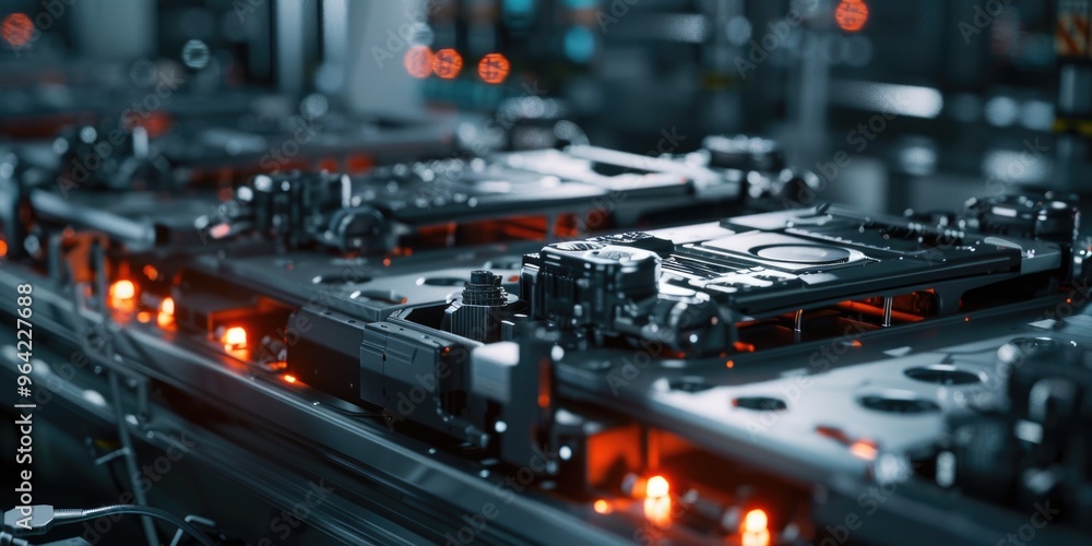Poster a computer chip is being manufactured in a factory. the image is a close up of the assembly line, wi