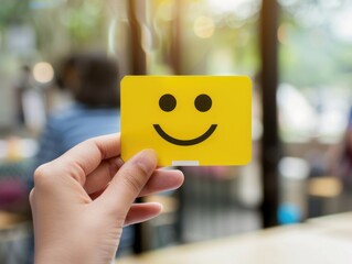 A person is holding a yellow card with a smiley face on it. The card is likely a greeting card or a token of appreciation