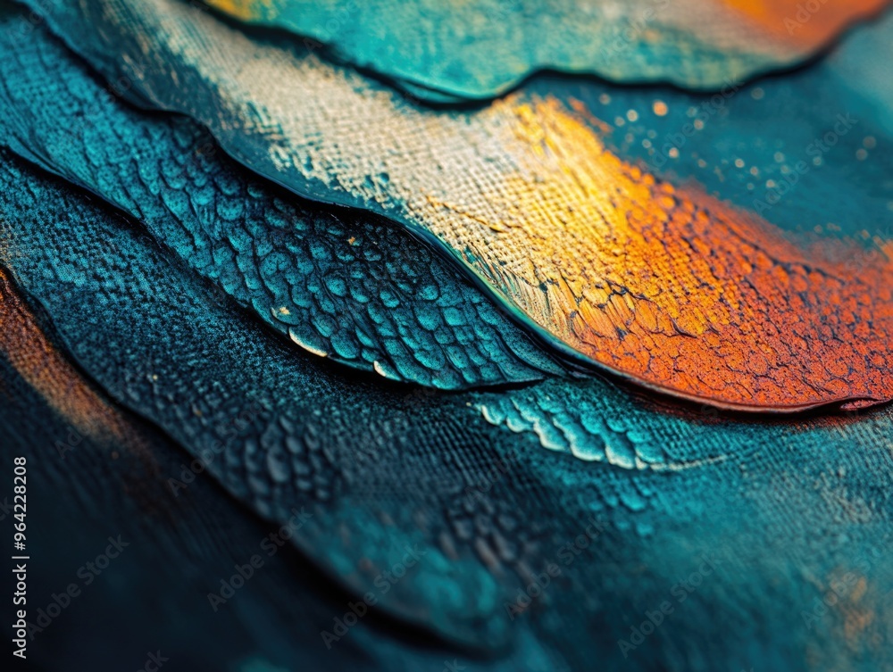 Poster a painting of a bird's feather with a blue and orange hue. the feather appears to be made up of many