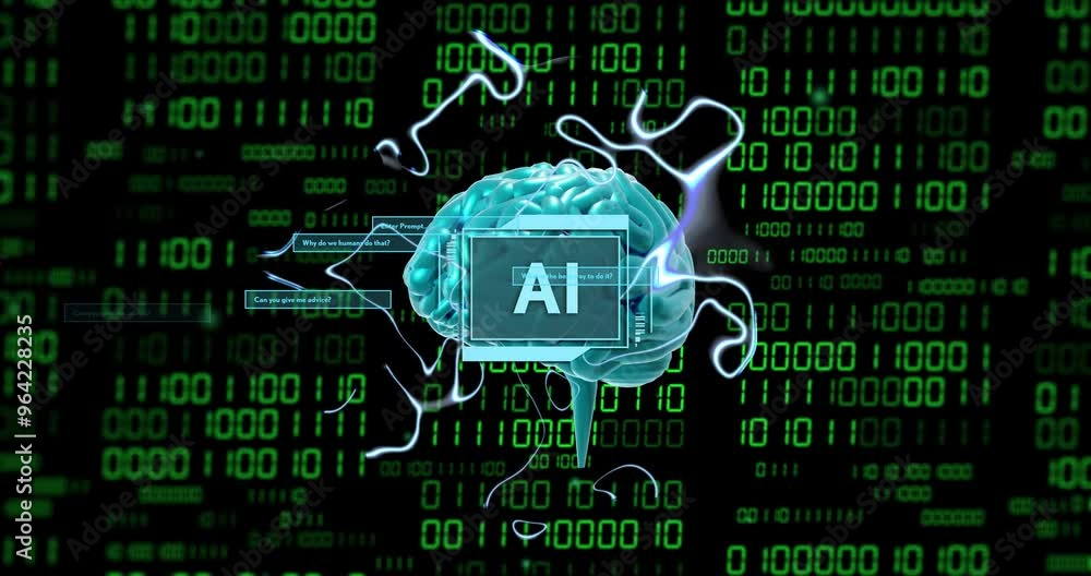 Poster ai text over digital brain and binary code background