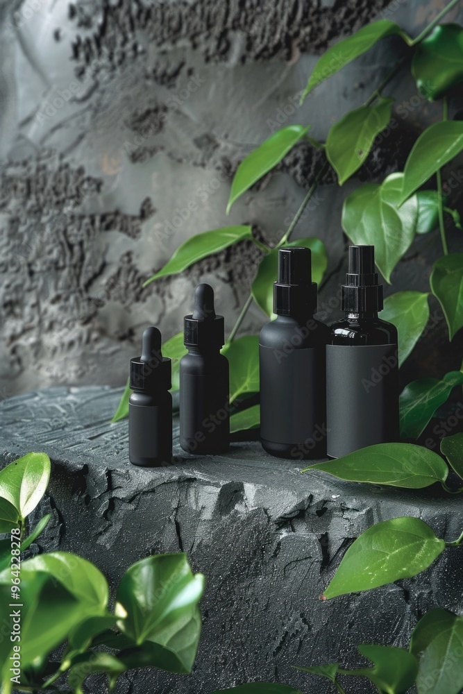 Poster a group of black bottles with green leaves in the background. the bottles are arranged in a row and 