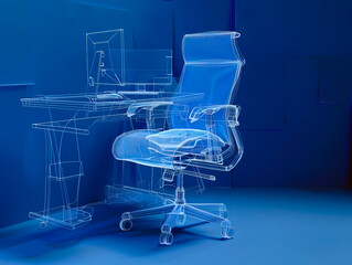 Computer chair visualization with augmented reality Transparent computer chair in studio drawing in blue colors. Global finance, business, connections, computing and data processing concept
