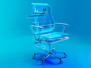 Computer chair visualization with augmented reality Transparent computer chair in studio drawing in blue colors. Global finance, business, connections, computing and data processing concept