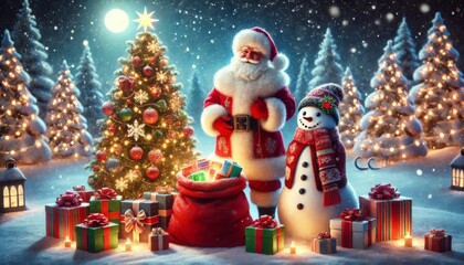 Santa Claus with a large gift sack, standing next to a snowman and a decorated Christmas tree.