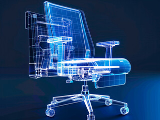 Computer chair visualization with augmented reality Transparent computer chair in studio drawing in blue colors. Global finance, business, connections, computing and data processing concept
