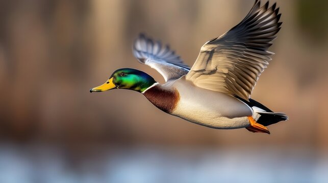 A duck flying over a body of water with the sun behind it, AI - Powered by Adobe