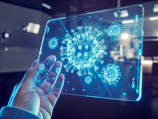 the scientists are holding the coronavirus's hologram the laboratory. the concept of coronavirus, vaccination, laboratory and medical. Coronavirus visualization with augmented Transparent coronavirus