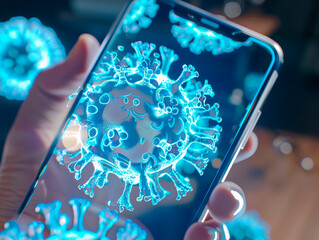 the scientists are holding the coronavirus's hologram the laboratory. the concept of coronavirus, vaccination, laboratory and medical. Coronavirus visualization with augmented Transparent coronavirus