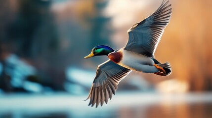 Obraz premium A duck flying over a lake with the sun behind it, AI