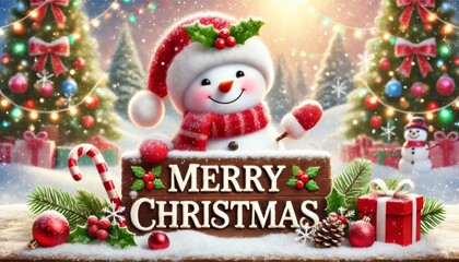 Cheerful snowman in a Santa hat holding a "Merry Christmas" sign.