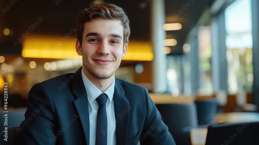 Poster a man in a suit and tie is smiling for the camera. he is sitting at a table with a laptop in front o