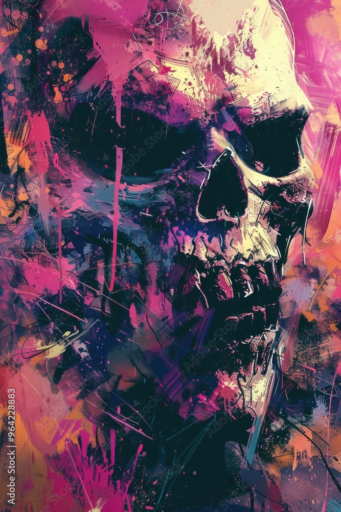 Poster a skull with a mouth open and a splash of pink paint on it. the skull is surrounded by a colorful ba