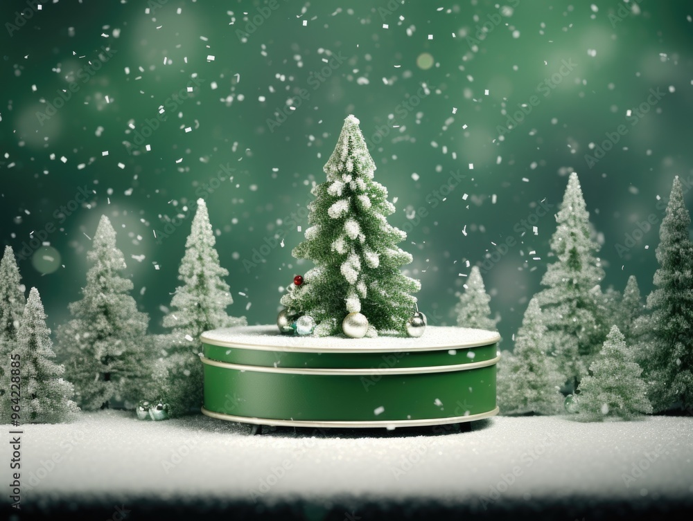 Poster a christmas tree is surrounded by fake trees and snow. the scene is set in a forest, with the trees 