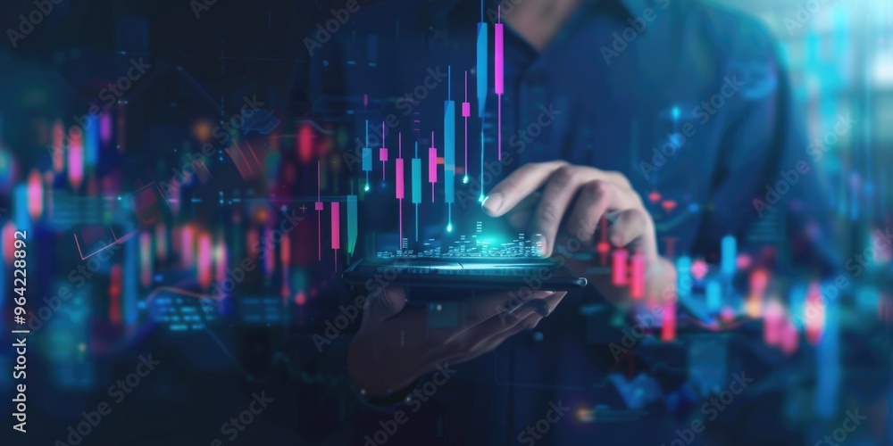 Aufkleber a man is holding a tablet and touching a graph. concept of technology and data analysis