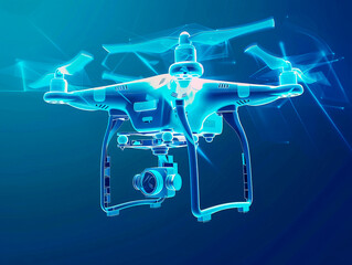 Drone visualization with augmented reality Transparent drone in studio drawing in blue colors. Smart city. Digital transformation. Composite visual with a drone point of view. Mixed media.