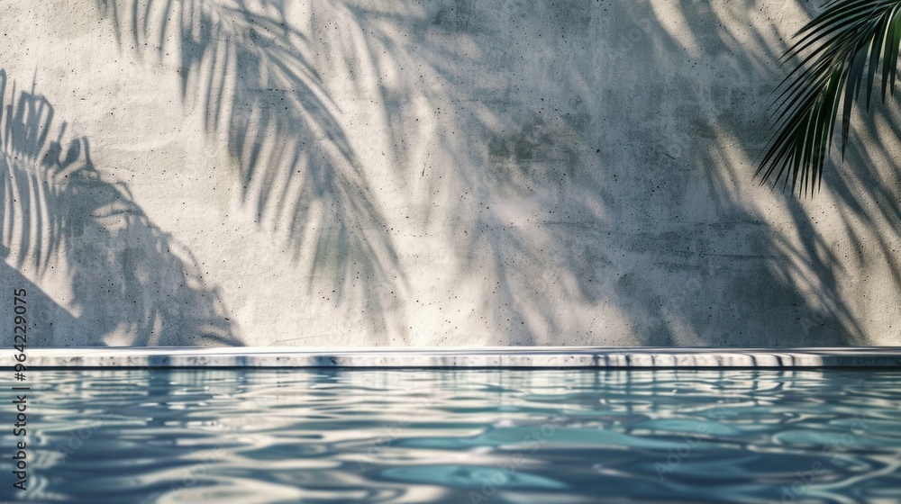 Aufkleber a wall with a pool and a palm tree in the background. the pool is surrounded by a white ledge