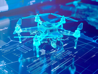 Drone visualization with augmented reality Transparent drone in studio drawing in blue colors. Smart city. Digital transformation. Composite visual with a drone point of view. Mixed media.