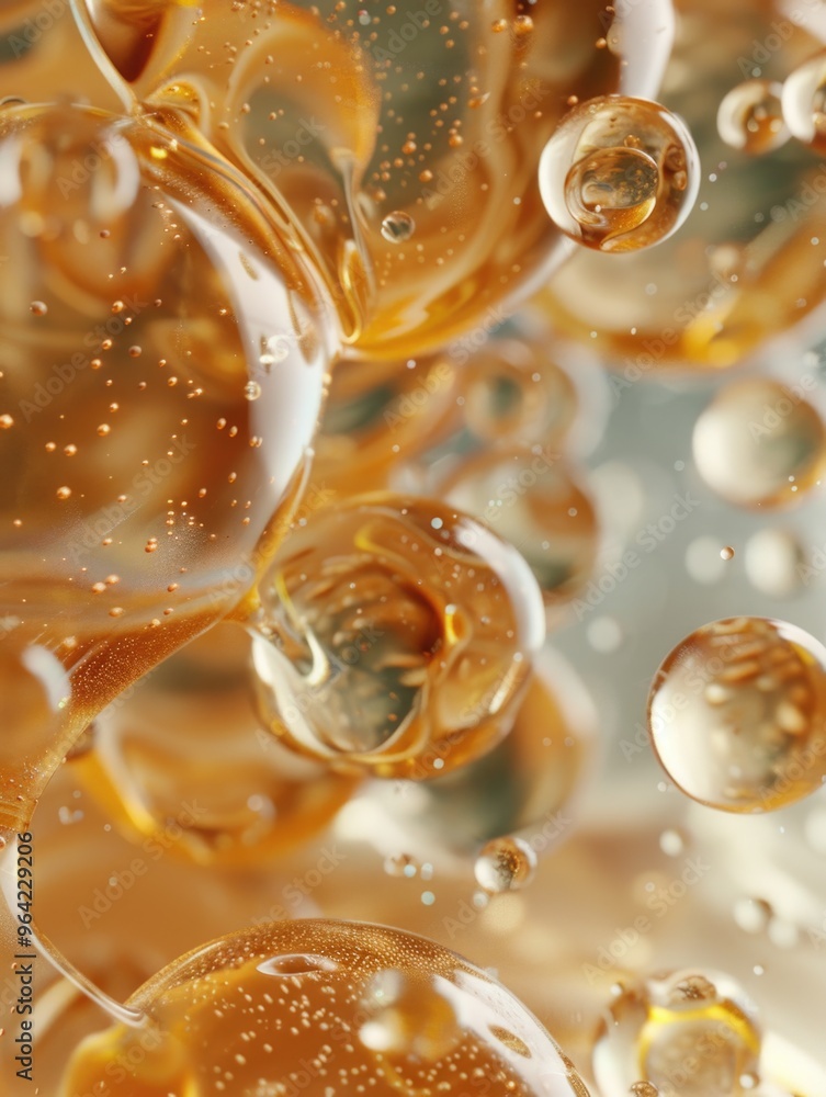 Poster a close up of a liquid with bubbles in it. the bubbles are of different sizes and are scattered thro