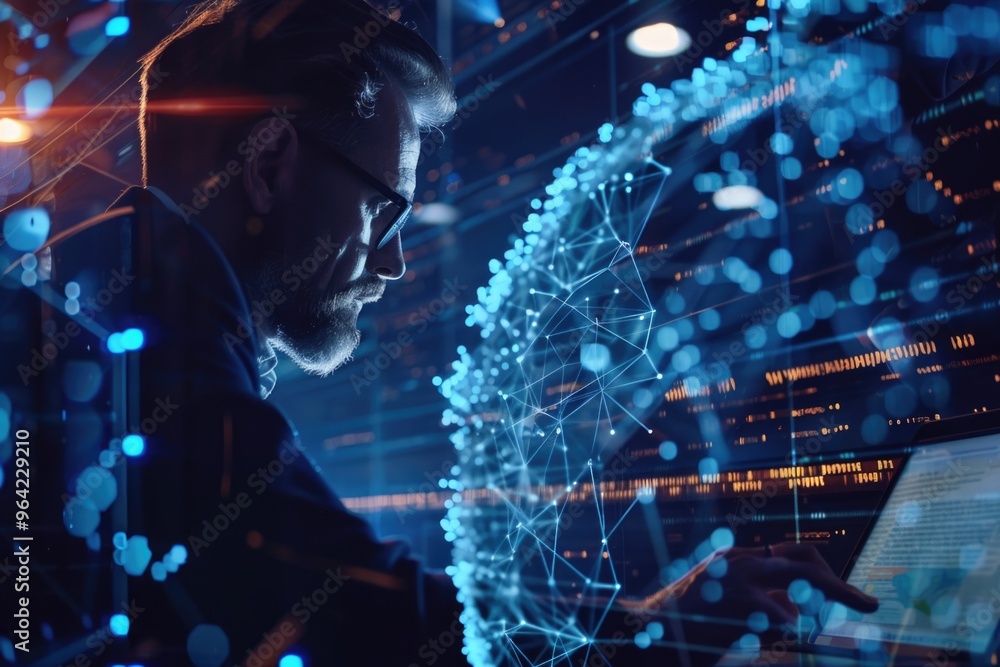 Aufkleber a man is looking at a computer screen with a blue sphere on it. the sphere is surrounded by a networ