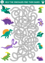 Fototapeta premium Dinosaur maze for kids with cute animals and their babies. Simple prehistoric preschool printable activity. Dino land labyrinth game, puzzle with stegosaur, pterosaur and their children